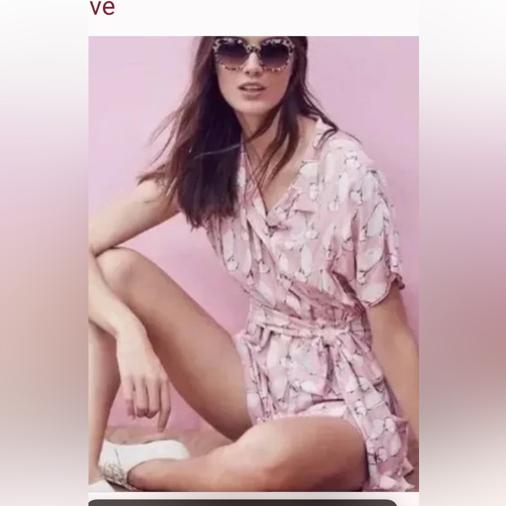Anthropologie Pink Printed Short-Sleeve Wrap Romper with Tie Waist